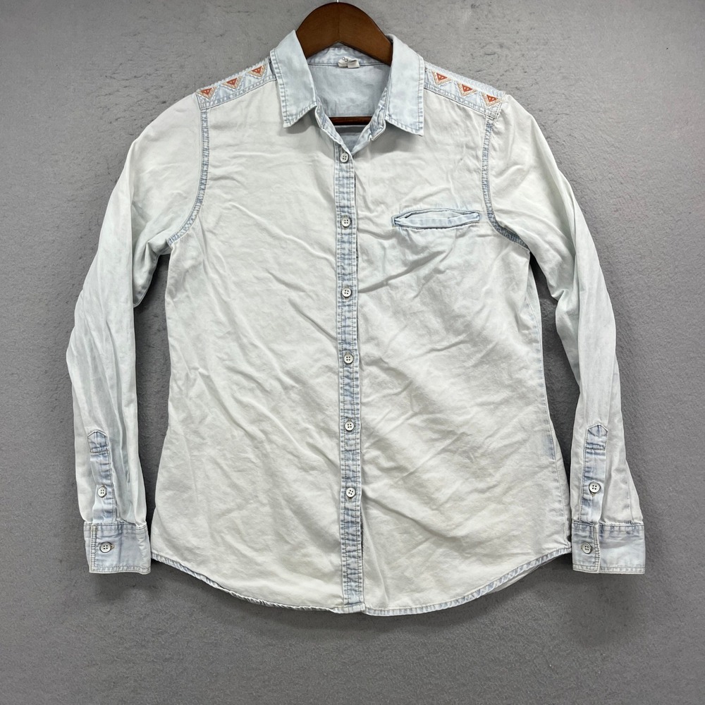 Rip Curl Denim Shirt Women Medium Blue Western Embroidered Aztec Tribal Chambray